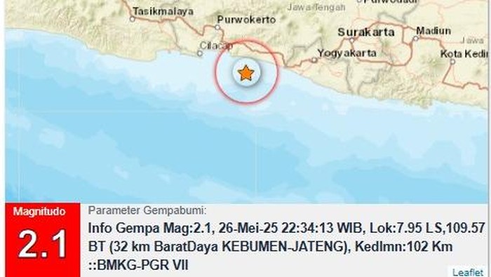 Gempa bumi berkekuatan magnitudo (M) 2,1 di Kabupaten Kebumen pukul 22.34 WIB, Senin (26/5/2025).