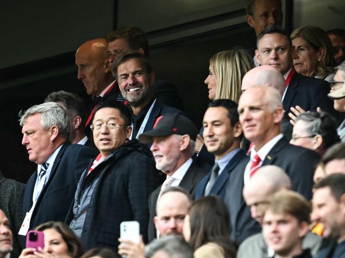 Former Liverpool's German coach Jurgen Klopp attends the English Premier League football match between Liverpool and Crystal Palace at Anfield in Liverpool, north west England on May 25, 2025. (Photo by Paul ELLIS / AFP) / RESTRICTED TO EDITORIAL USE. No use with unauthorized audio, video, data, fixture lists, club/league logos or 'live' services. Online in-match use limited to 120 images. An additional 40 images may be used in extra time. No video emulation. Social media in-match use limited to 120 images. An additional 40 images may be used in extra time. No use in betting publications, games or single club/league/player publications. /