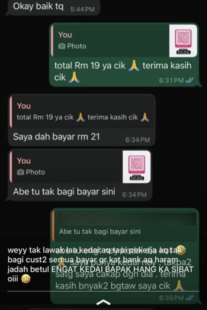 pelayan berlaku curang larang pelanggan membayar pakai QR