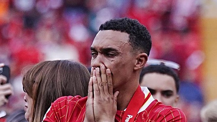 Liverpools Trent Alexander-Arnold in tears after the Premier League match at Anfield, Liverpool. Picture date: Sunday May 25, 2025. (Photo by Peter Byrne/PA Images via Getty Images)