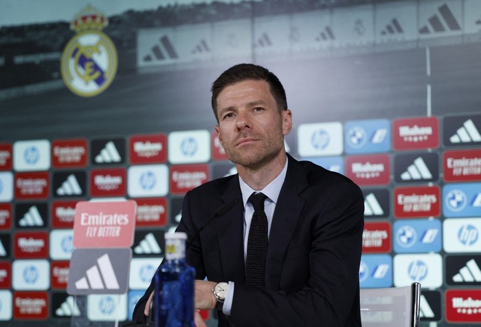 Newly appointed Real Madrid's coach Xabi Alonso gives a press conference during his official presentation at Real Madrid Sports City in Valdebebas, near Madrid, on May 26, 2025. Real Madrid announced in a statement on May 25, 2025, that Xabi Alonso has been appointed the new coach of Real Madrid with the 43-year-old Spaniard to take over from June 1, and lead the team at the Club World Cup. 