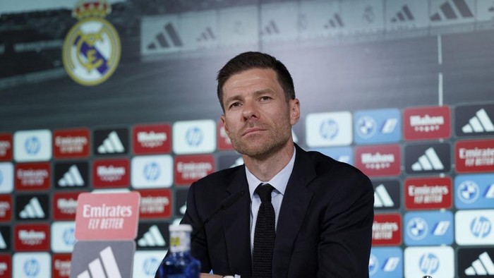 Newly appointed Real Madrids coach Xabi Alonso gives a press conference during his official presentation at Real Madrid Sports City in Valdebebas, near Madrid, on May 26, 2025. Real Madrid announced in a statement on May 25, 2025, that Xabi Alonso has been appointed the new coach of Real Madrid with the 43-year-old Spaniard to take over from June 1, and lead the team at the Club World Cup. 