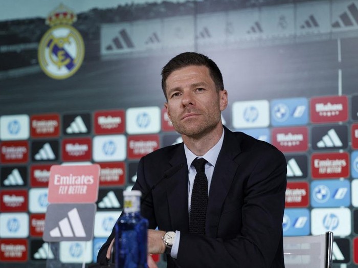 Newly appointed Real Madrid's coach Xabi Alonso gives a press conference during his official presentation at Real Madrid Sports City in Valdebebas, near Madrid, on May 26, 2025. Real Madrid announced in a statement on May 25, 2025, that Xabi Alonso has been appointed the new coach of Real Madrid with the 43-year-old Spaniard to take over from June 1, and lead the team at the Club World Cup. 