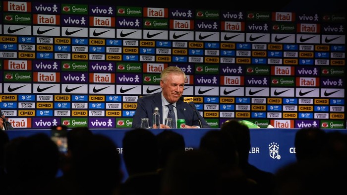 RIO DE JANEIRO, BRAZIL - MAY 26: Italian coach Carlo Ancelotti is presented as the new head coach of the Brazil national team by the Brazilian Football Confederation (CBF) and holds his first press conference at a hotel in the West Zone of Rio de Janeiro, Brazil, on May 26, 2025. Ancelotti expressed his honor at leading the Brazilian national team. (Photo by Fabio Teixeira/Anadolu via Getty Images)