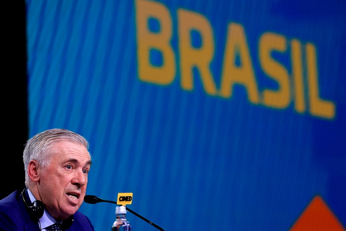  Carlo Ancelotti is introduced as the new coach of the Brazilian national football team during a press conference at Grand Hyatt Hotel on May 26, 2025 in Rio de Janeiro, Brazil. (Photo by Buda Mendes/Getty Images)