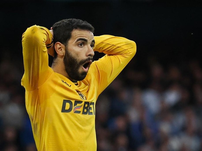 Wolverhampton Wanderers' French defender #03 Rayan Ait-Nouri reacts after a missed chance during the English Premier League football match between Manchester City and Wolverhampton Wanderers at the Etihad Stadium in Manchester, north west England, on May 2, 2025. (Photo by Darren Staples / AFP) / RESTRICTED TO EDITORIAL USE. No use with unauthorized audio, video, data, fixture lists, club/league logos or 'live' services. Online in-match use limited to 120 images. An additional 40 images may be used in extra time. No video emulation. Social media in-match use limited to 120 images. An additional 40 images may be used in extra time. No use in betting publications, games or single club/league/player publications. /