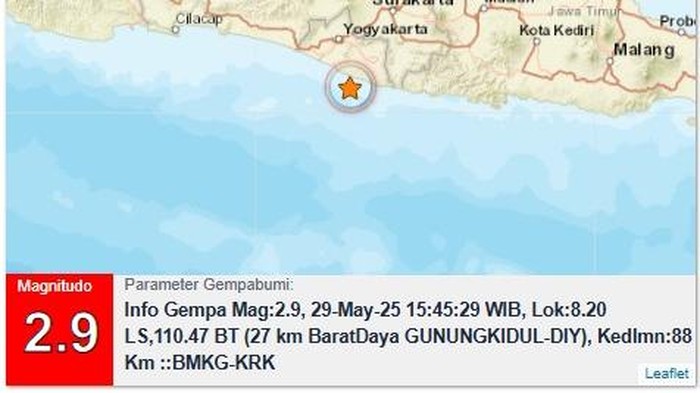 Gempa M 2,9 di Gunungkidul Gempa M 2,9 di Gunungkidul, Kamis (29/5/2025).