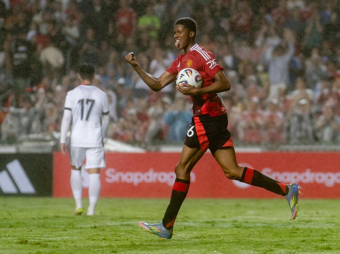 HONG KONG, CHINA - MAY 30: Chido Obi-Martin of Manchester United celebrates scoring his teams first goal during the match between Manchester United and Hong Kong at Hong Kong Stadium on May 30, 2025 in Hong Kong, China. (Photo by Ash Donelon/Manchester United via Getty Images)
