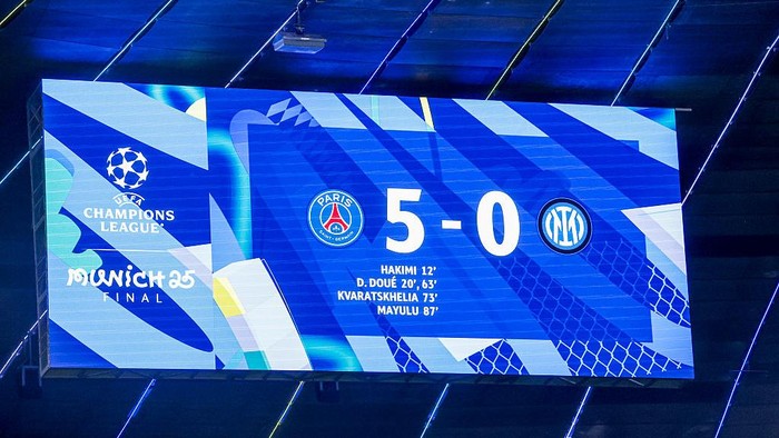 PSG vs Inter Milan Munich, Germany - May 31: scoreboard end result 5-0 during the UEFA Champions League Final 2025 between Paris Saint-Germain and FC Internazionale Milano at Munich Football Arena on May 31, 2025 in Munich, Germany. (Photo by Marcel ter Bals/DeFodi Images/DeFodi via Getty Images)