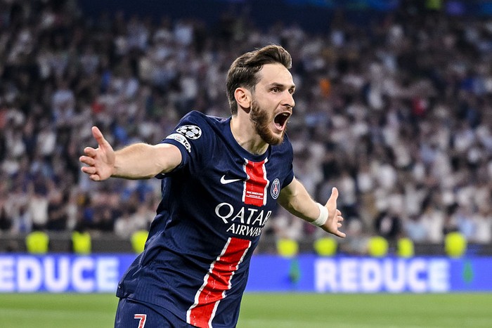2217400334  Khvicha Kvaratskhelia of Paris Saint-Germain celebrates after scoring his team's fourth goal during the UEFA Champions League Final 2025 between Paris Saint-Germain and FC Internazionale Milano at Munich Football Arena on May 31, 2025 in Munich, Germany. (Photo by Harry Langer/DeFodi Images/DeFodi via Getty Images)