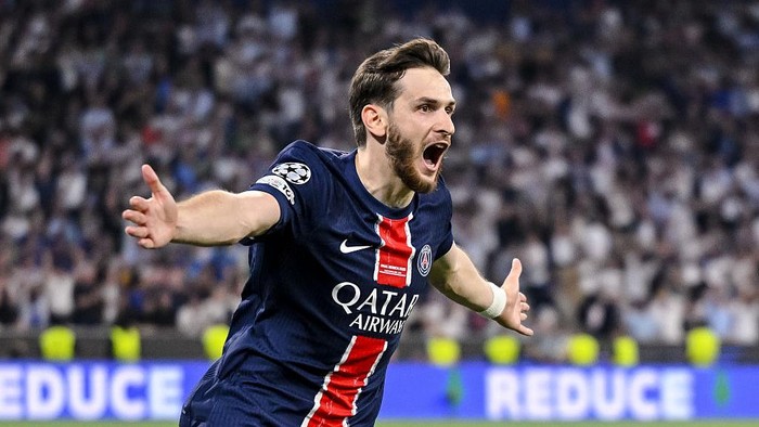 Munich, Germany - May 31: Khvicha Kvaratskhelia of Paris Saint-Germain celebrates after scoring his teams fourth goal during the UEFA Champions League Final 2025 between Paris Saint-Germain and FC Internazionale Milano at Munich Football Arena on May 31, 2025 in Munich, Germany. (Photo by Harry Langer/DeFodi Images/DeFodi via Getty Images)
