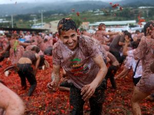 Semangatnya Wisatawan Kolombia Ikut Perang Tomat