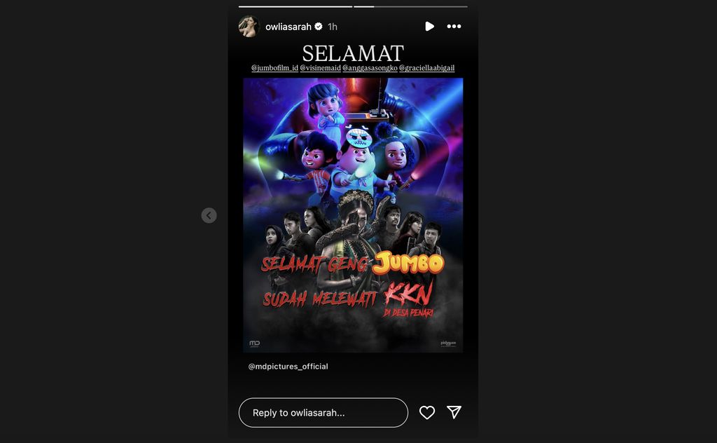 Aulia Sarah, sang pemeran Badarawuhi, yang ikut mengucapkan selamat ke geng Jumbo via Instagram Story.