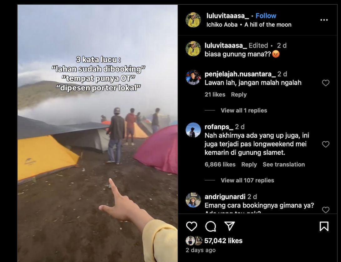 Curhat kreator konten Lulu Luvita di Gunung Rinjani, Lombok Timur, Nusa Tenggara Barat (NTB).