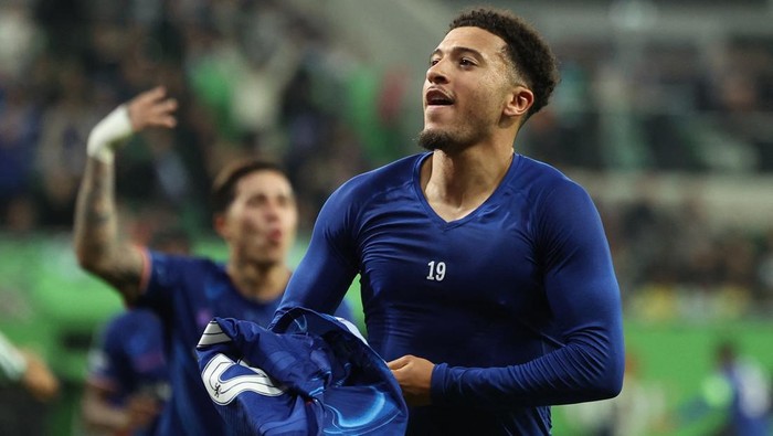 Soccer Football - Conference League - Final - Real Betis v Chelsea - Wroclaw Stadium, Wroclaw, Poland - May 28, 2025 Chelseas Jadon Sancho celebrates scoring their third goal REUTERS/Kacper Pempel