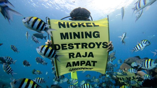 Greenpeace Indonesia Forest Campaign Team Leader, Arie Rompas, hold a banner reading 'Nickel Mining Destroys Raja Ampat' in the UNESCO Global Geopark area of Raja Ampat, Southwest Papua, Indonesia.Raja Ampat is a region of extraordinary megabiodiversity and home to one of the richest coral reef ecosystems in the world. Its biodiversity surpasses that of many other areas within the Coral Triangle, providing a habitat for hundreds of unique and rare species of flora and fauna, including wobbegongs, morray eel, sea turtles, sharks, manta rays, and a wide variety of fish.