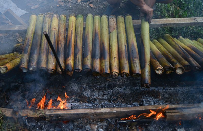 Pekerja membakar lamang (lemang) bambu di Sungai Sapih, Padang, Sumatera Barat, Kamis (5/6/2025). Menjelang Idul Adha 1446 hijriyah, pedagang lamang mengaku pesanannya meningkat dari hari biasa sekitar 20-40 batang per hari menjadi 200-400 batang per hari karena kebutuhan tinggi masyarakat menyediakan makanan terbuat dari beras ketan itu saat hari besar di keluarga mereka sesuai tradisi Minang. ANTARA FOTO/Iggoy el Fitra/bar