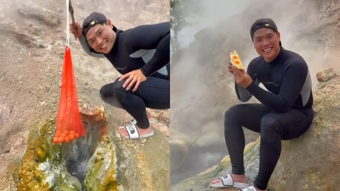 pria rebus telur di mata air panas kemudian dijadikan kreasi sandwich