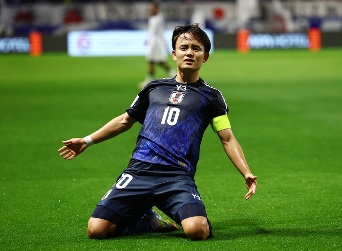 Soccer Football - World Cup - AFC Qualifiers - Group C - Japan v Indonesia - Suita City Stadium, Suita, Japan - June 10, 2025 Japan's Takefusa Kubo celebrates scoring their second goal REUTERS/Issei Kato