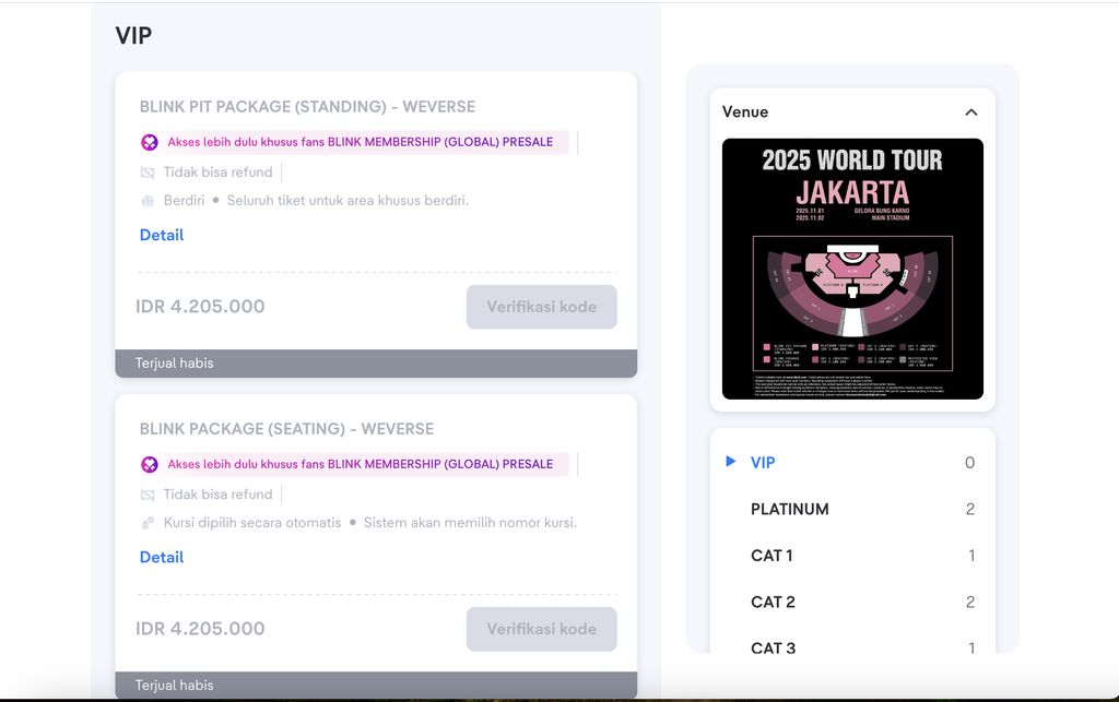 Penjualan tiket konser BLACKPINK Deadline World Tour di Jakarta resmi dimulai dengan sesi pertama Weverse BLINK Membership (Global) Presale pada Selasa (10/6).
