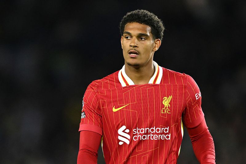 BRIGHTON, ENGLAND - MAY 19: Jarell Quansah of Liverpool looks o during the Premier League match between Brighton & Hove Albion FC and Liverpool FC at Amex Stadium on May 19, 2025 in Brighton, England. (Photo by Mike Hewitt/Getty Images)