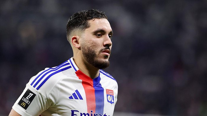 LYON, FRANCE - APRIL 26: Ryan Cherki #18 of Olympique Lyonnais looks on during the Ligue 1 match between Olympique Lyonnais and Stade Rennais FC at Groupama Stadium on April 26, 2025 in Lyon, France. (Photo by Catherine Steenkeste/Getty Images)