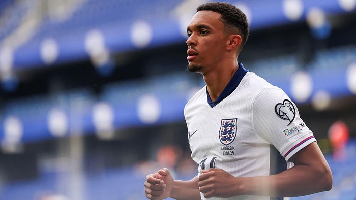 Trent Alexander-Arnold BARCELONA, SPAIN - JUNE 07: Trent Alexander-Arnold of England looks on during the FIFA World Cup 2026 European Qualifier between Andorra and England at RCDE Stadium on June 07, 2025 in Barcelona, Spain. (Photo by Judit Cartiel/Getty Images)
