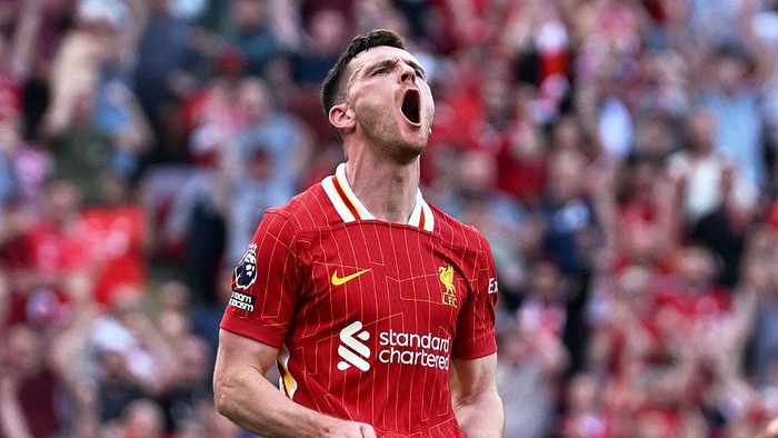 Andrew Robertson LIVERPOOL, ENGLAND - MAY 11: (SUN OUT, SUN ON SUNDAY OUT) Andrew Robertson of Liverpool reacts, after scoring a goal, which was later ruled out for a foul on Myles Lewis-Skelly of Arsenal by Ibrahima Konate of Liverpool during the Premier League match between Liverpool FC and Arsenal FC at Anfield on May 11, 2025 in Liverpool, England. (Photo by Liverpool FC/Liverpool FC via Getty Images)