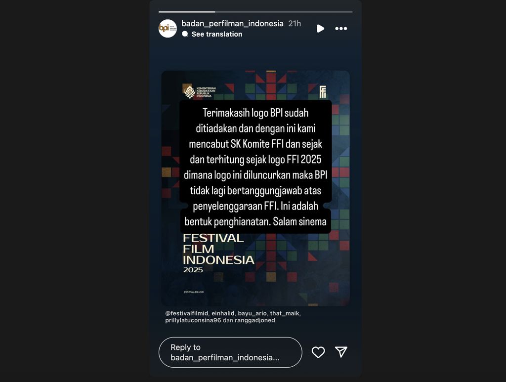 Tanggapan Badan Perfilman Indonesia atas ketiadaan logo BPI dalam unggahan Komite Festival Film Indonesia (FFI) pada Kamis (12/6).