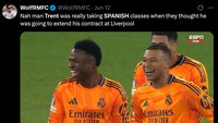 Liverpool yang mengira Trent akan bertahan, rupanya malah digocek sang pemain yang diam-diam belajar bahasa Spanyol untuk bersiap pindah ke Real Madrid. (Foto: X.com/@wolfRMFC)