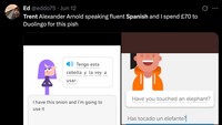 Kemampuan Trent yang lancar bahasa Spanyol sampai bikin netizen kesal. Sebab, ada yang sudah bayar mahal-mahal kursus tapi belum lancar juga. (Foto: X.com/@eddo75)