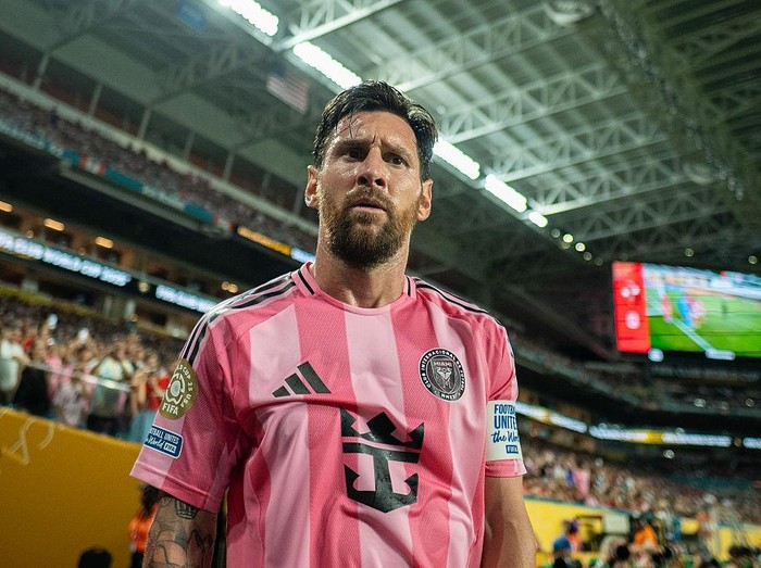 MIAMI GARDENS, FLORIDA - JUNE 14: Lionel Messi of Inter Miami looks on during the FIFA Club World Cup 2025 group A match between Al Ahly SC and Internacional CF Miami at Hard Rock Stadium on June 14, 2025 in Miami Gardens, United States. (Photo by Sebastian Frej/Getty Images)