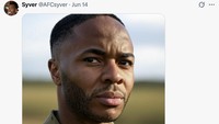 Raheem Sterling, yang jarang bermain dan mencetak gol di Arsenal, tak luput dari olok-olok meme berkaitan dengan militer di konflik Iran vs Israel. (Foto: Twitter)