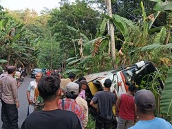Tak Kuat Nanjak, Bus Rombongan Kondangan Masuk Parit di Pecalungan Batang