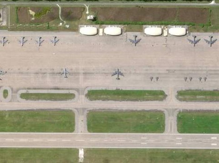 An overview of the Diego Garcia military base on the Chagos Archipelago in the Indian Ocean, where four heavy bombers were stationed on June 16 at the US-UK military base. (Planet Labs/AFP)