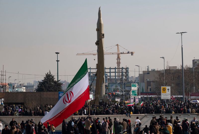 An Iranian Sejjil solid-fueled medium-range ballistic missile is being displayed at the Azadi (Freedom) square in western Tehran during a rally to mark the 45th anniversary of the victory of Iran's 1979 Islamic Revolution, on February 11, 2024. The Iranian Islamic Revolution, which led to the overthrow of the Pahlavi dynasty in 1979, replaced the Imperial State of Iran with the present-day Islamic Republic of Iran. (Photo by Morteza Nikoubazl/NurPhoto via Getty Images)