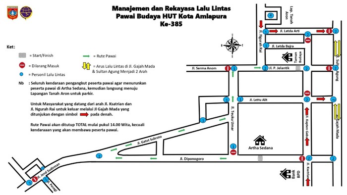 Rute pengalihan arus kemudian lintas di saat  pawai budaya HUT Kota Amlapura ke-385, Kamis (19/6/2025). (Istimewa)