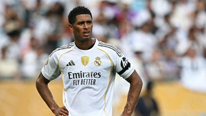 Jude Bellingham Real Madrids English midfielder #05 Jude Bellingham reacts during the FIFA Club World Cup 2025 Group H football match between Spains Real Madrid and Mexicos Pachuca at the Bank of America stadium in Charlotte on June 22, 2025. (Photo by Paul ELLIS / AFP)