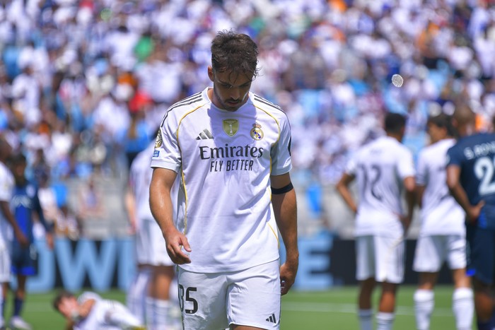 Raul Asencio CHARLOTTE, NORTH CAROLINA - JUNE 22: Raul Asencio of Real Madrid leaves the pitch after receiving a red card during the FIFA Club World Cup 2025 group H match between Real Madrid CF and CF Pachuca at Bank of America Stadium on June 22, 2025 in Charlotte, North Carolina. (Photo by Oscar Fuentes/Jam Media/Getty Images)