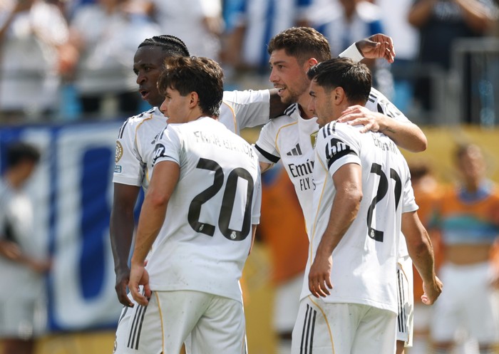 CHARLOTTE, NORTH CAROLINA - JUNE 22: Federico Valverde #8 of Real Madrid C. F. celebrates scoring his teams third goal with teammates Brahim Diaz #21, Vinicius Junior #7 and Fran Garcia #20 during the FIFA Club World Cup 2025 group H match between Real Madrid CF and CF Pachuca at Bank of America Stadium on June 22, 2025 in Charlotte, North Carolina. (Photo by Pedro Castillo/Real Madrid via Getty Images)
