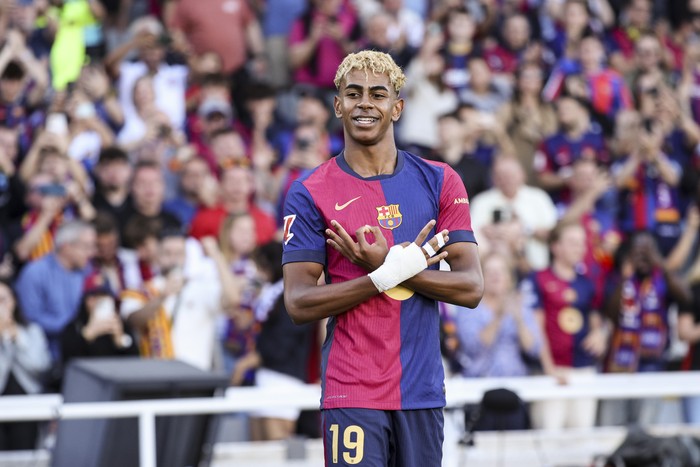 Lamine Yamal of FC Barcelona celebrates after scoring a goal during the La Liga EA Sports match between FC Barcelona and Villarreal CF at Olimpic Llus Companys in Barcelona, Spain, on May 18, 2025. (Photo by Gongora/NurPhoto via Getty Images)