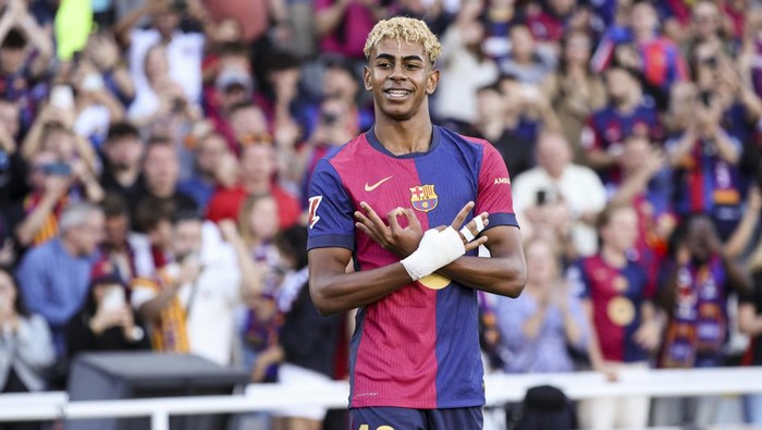 Lamine Yamal of FC Barcelona celebrates after scoring a goal during the La Liga EA Sports match between FC Barcelona and Villarreal CF at Olimpic Llus Companys in Barcelona, Spain, on May 18, 2025. (Photo by Gongora/NurPhoto via Getty Images)