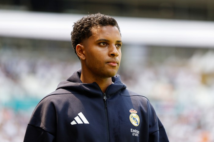 MIAMI GARDENS, FLORIDA - JUNE 18: Rodrygo #11 of Real Madrid C.F. looks on as he walks out prior to the FIFA Club World Cup 2025 group H match between Real Madrid CF and Al Hilal at Hard Rock Stadium on June 18, 2025 in Miami Gardens, Florida. (Photo by Pedro Castillo/Real Madrid via Getty Images)