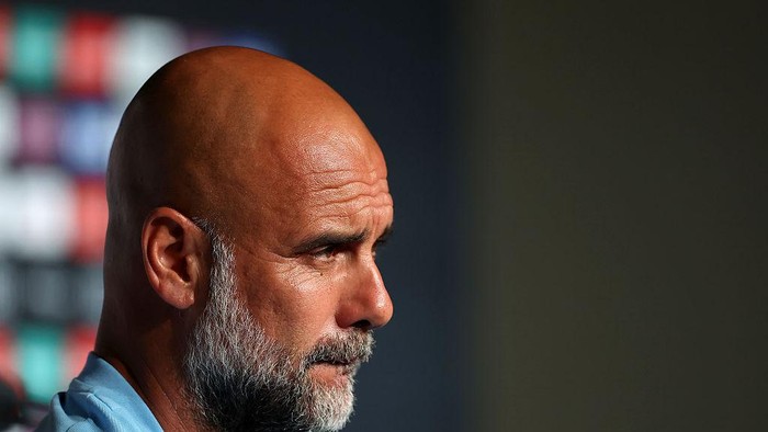 ORLANDO, FLORIDA - JUNE 25: Head coach Pep Guardiola of Manchester City speaks to members of the press during the Training/Press Conference ahead of their FIFA Club World Cup 2025 group G match between Juventus FC and Manchester City FC at Camping World Stadium on June 25, 2025 in Orlando, Florida. (Photo by Elsa - FIFA/FIFA via Getty Images)