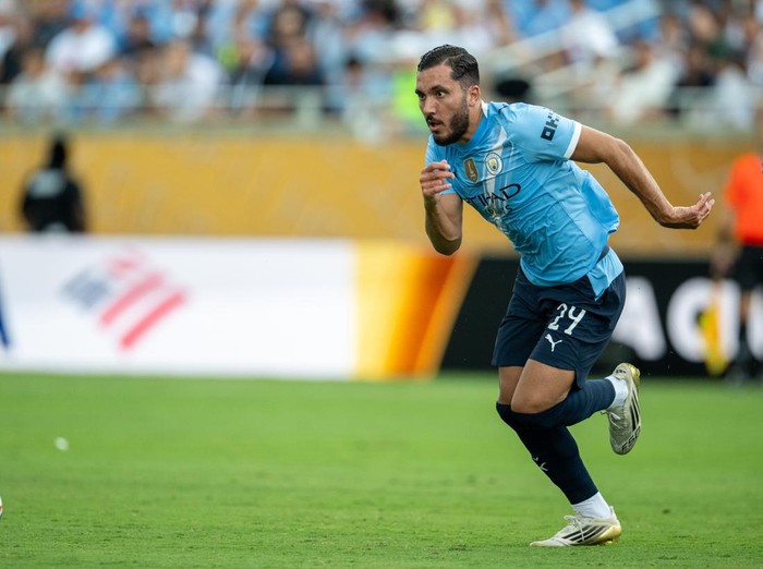 ORLANDO, FLORIDA - JUNE 26: Rayan Cherki #29 of Manchester City controls ball during the FIFA Club World Cup 2025 group G match between Juventus FC and Manchester City FC at Camping World Stadium on June 26, 2025 in Orlando, United States. (Photo by Sebastian Frej/Getty Images)