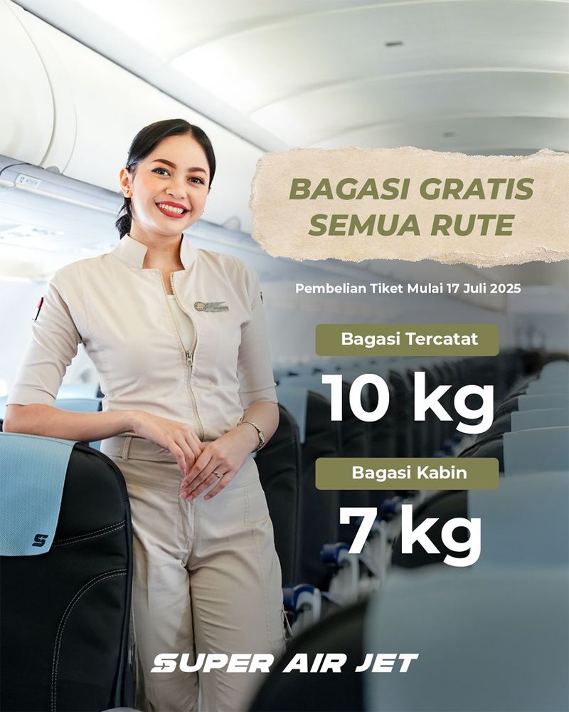 Mengikuti saudaranya, Lion Air, maskapai Super Air Jet juga menjalankan pergantian hukum bagasi tercatat atau Free Baggage Allowance (FBA) yang berlaku mulai 17 Juli 2025.