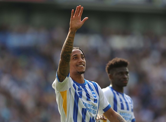  Joao Pedro of Brighton & Hove Albion goal celebration after scoring a penalty kick to put Brighton & Hove Albion 1-0 ahead during the Premier League match between Brighton & Hove Albion FC and Leicester City FC at Amex Stadium on April 12, 2025 in Brighton, England. (Photo by Crystal Pix/MB Media/Getty Images)