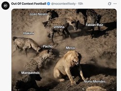 Meme ini menggambarkan Messi bak singa yang sendirian menghadapi skuad PSG yang tampil ganas seperti hyena. (Foto: Dok. Twitter/@nocontextfooty)