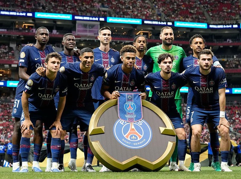 PSG line up prior the FIFA Club World Cup 2025 round of 16 match between Paris Saint-Germain and Inter Miami CF at Mercedes-Benz Stadium on June 29, 2025 in Atlanta, Georgia. (Photo by Jose Breton/Pics Action/NurPhoto via Getty Images)