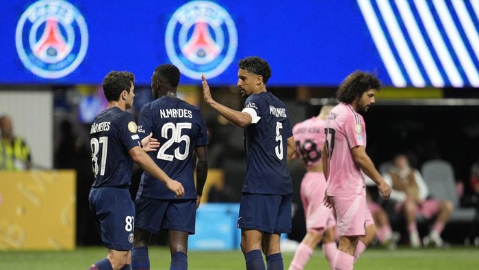 PSG vs Inter Miami Soccer Football - FIFA Club World Cup - Round of 16 - Paris St Germain v Inter Miami CF - Mercedes-Benz Stadium, Atlanta, Georgia, U.S. - June 29, 2025 Paris St Germains Joao Neves, Nuno Mendes and Marquinhos celebrate after Inter Miami CFs Tomas Aviles scores their third with a own goal IMAGN IMAGES via Reuters/Dale Zanine